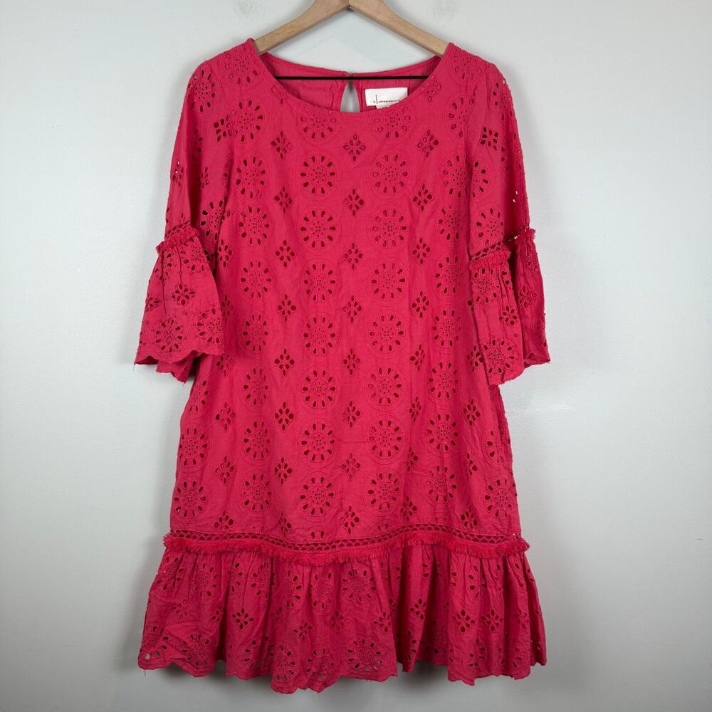 By Anthropologie Dani Eyelet Dress Women's 2 Pink Floral Embroidery Bell Sleeve